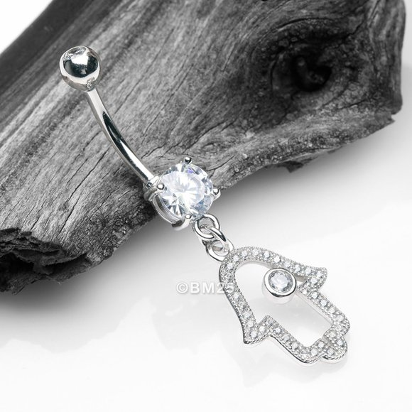 14 Karat White Gold Hamsa Hand Amulet Sparkle Belly Button Ring - Picture 1 of 2